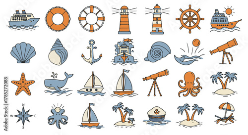 nautical theme icons featuring diverse sea elements like ships lighthouse and shells ideal for coastal decor and maritime illustrations.