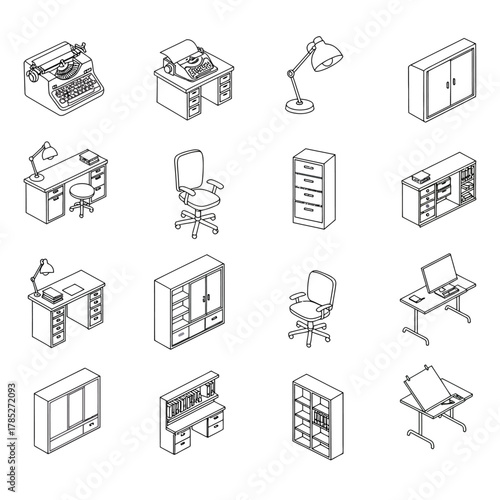 isometric office furniture showcasing a diverse range of workspace elements ideal for illustrating interior design and office planning concepts.
