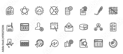 24 set of outline web user interface icons such as radar chart with pentagon, analytics tings, the  of, connected users in flow chart, data analytics interface of connected circles vector thin icons