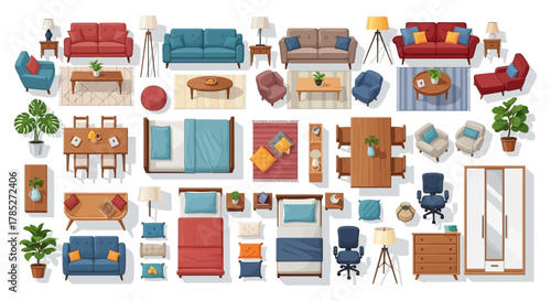 furniture arrangement top-down view showcases living dining and bedroom sets ideal for interior design visualizations and architectural planning flat lay.