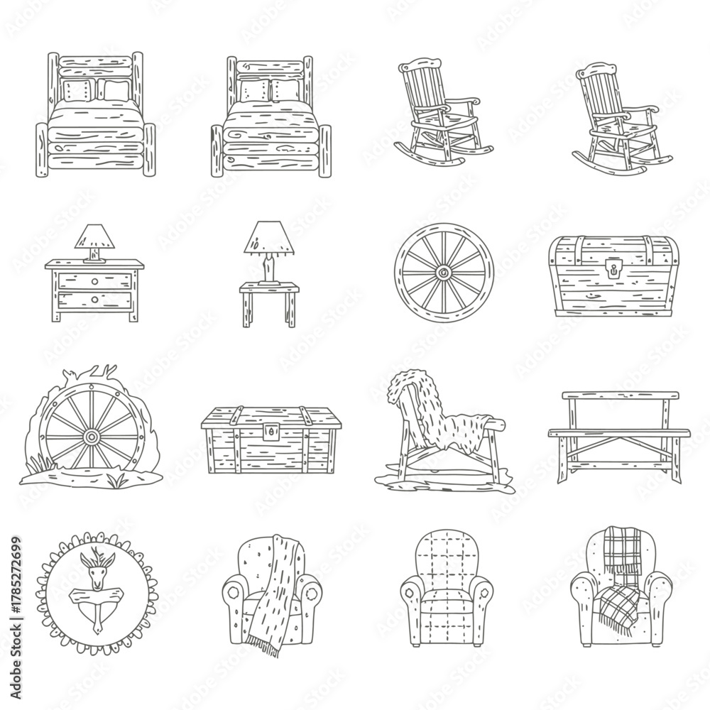 Fototapeta premium country furniture set outline drawings of rustic bed chair chests lamps and wheels for home decor designs creating a cozy traditional interior style.