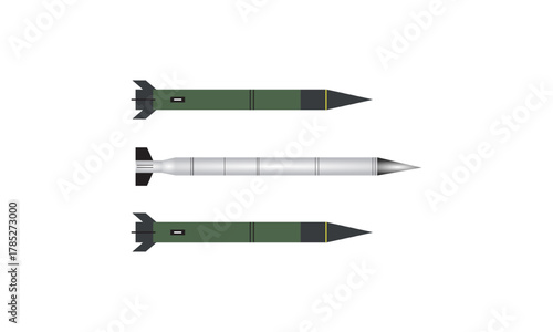 3D industrial cruise ballistic missile set. Realistic strategic weapons art. War technology. Aircraft military bomb. Eps10