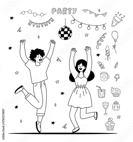 Happy Joyful People Dancing. Party Doodle Set. Festive tinsel, garlands, disco ball, sweets, drinks and firecrackers. Isolated Outline hand drawings on white. Vector Illustration. Not AI