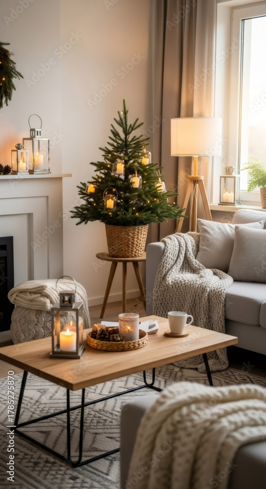 Fototapeta premium Cozy living room with small Christmas tree decorated with candles, evoking a warm and inviting atmosphere for Christmas and New Year celebration.