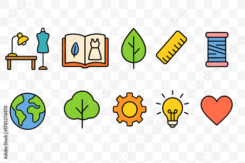 Craft and diy flat icon set. Handmade, sewing, and eco-friendly icons collection