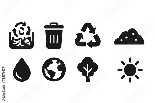Recycling, environment silhouette icon set. Eco-friendly, nature, conservation symbols
