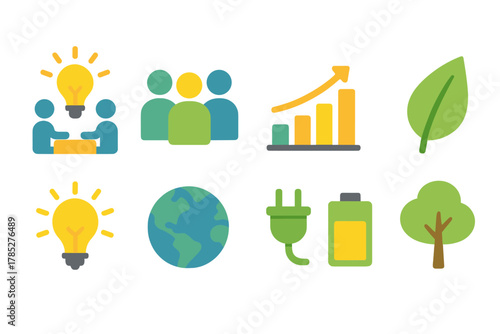 Business and environment glowing icon set. Economy, growth, strategy, ecology line icons
