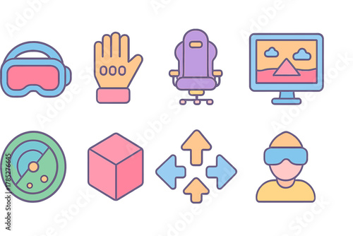Virtual reality flat icon set. Vr, gaming, technology flat icons for digital applications