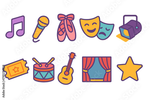 Performing arts flat icon set. Music, dance, theater icons for creative projects