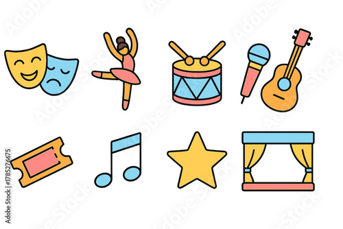 Performing arts linear icon set. Theatre, dance, and music icons for creative projects.
