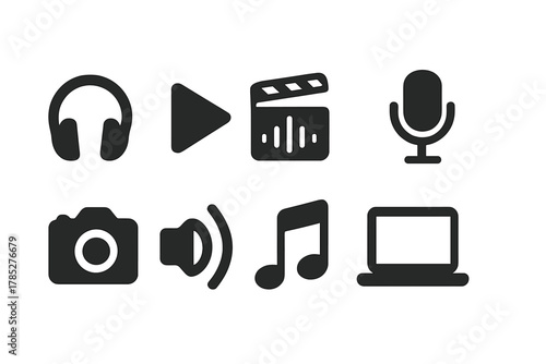 Multimedia, entertainment solid icon set. Music, video, audio, camera solid collection