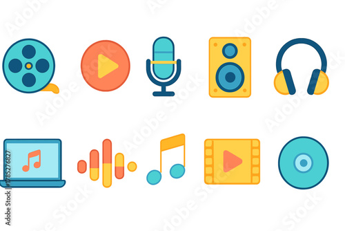 Multimedia, music flat icon set. Audio, entertainment icons flat collection