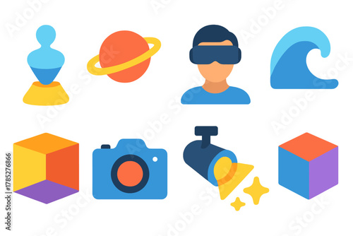 3D technology icon set. Futuristic, digital, virtual reality icons in vibrant style.