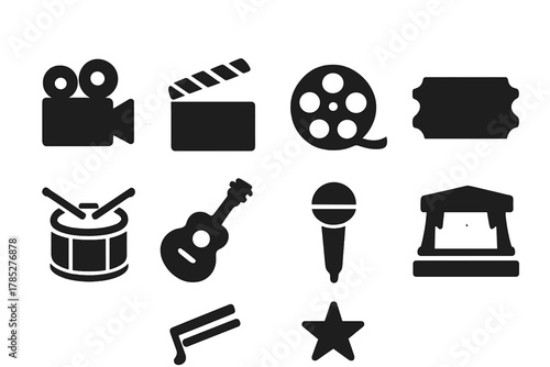 Entertainment, media silhouette icon set. Music, cinema, theater black icons collection