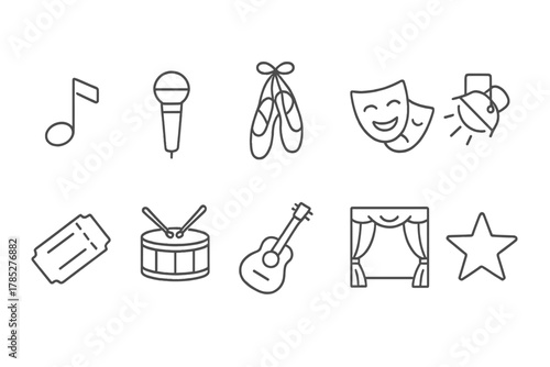 Arts and performance outline icon set. Musical instruments, theater line collection