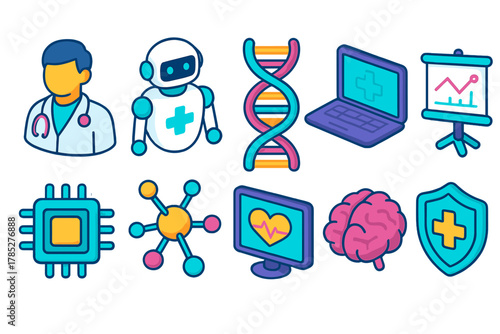 Medical and technology flat icon set. Healthcare, innovation, ai illustrated collection.