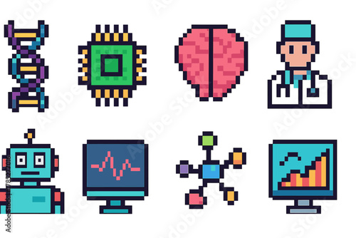 Technology, science pixel icon set. Gadgets, machines pixel art icons collection