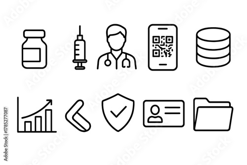 Medical and data line icon set. Healthcare, security, analytics line icons collection