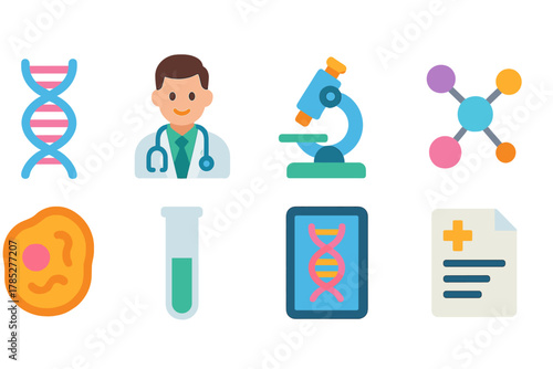 Science, biology flat icon set. Laboratory, dna, research icons in flat style