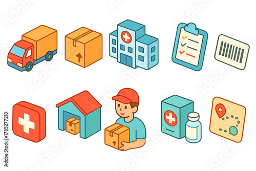 Delivery and logistics icon set in flat style. Shipping, courier, warehouse, healthcare icons.