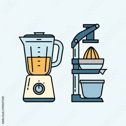 Set of modern kitchen equipment icons featuring a blender and a citrus press for healthy drinks