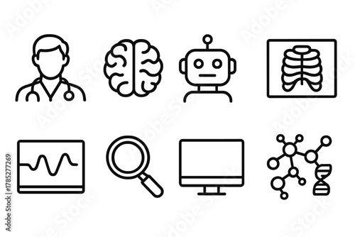 Medical and technology outline icon set. Healthcare, science, ai symbols collection