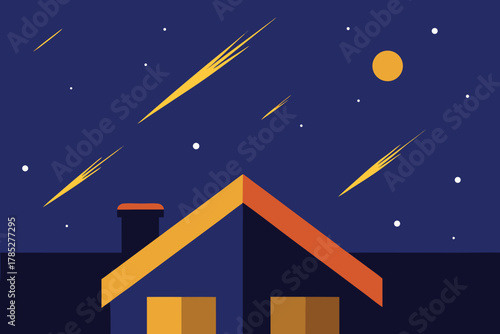Illustration of a night sky with shooting stars and a full moon above a dark blue house with an orange roof. The scene conveys a serene, mystical atmosphere.