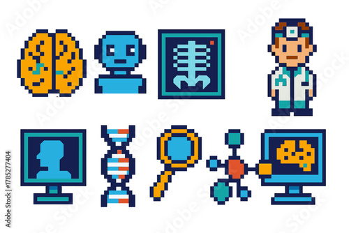 Medical and science pixel art icon set. Healthcare, technology pixel graphics collection