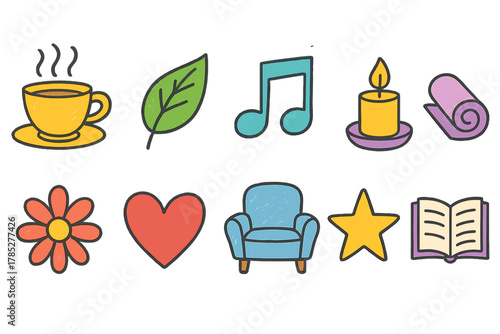 Nature and wellness icon set. Relaxing, soothing flat icons for relaxation and mindfulness.