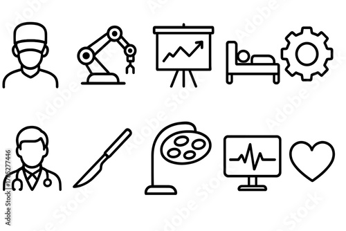 Medical and healthcare outline icon set. Doctor, surgery, hospital linear icon collection.