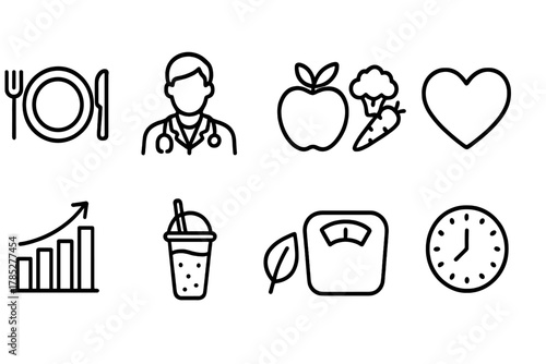 Health and fitness outline icon set. Nutrition, exercise, wellness design icons collection