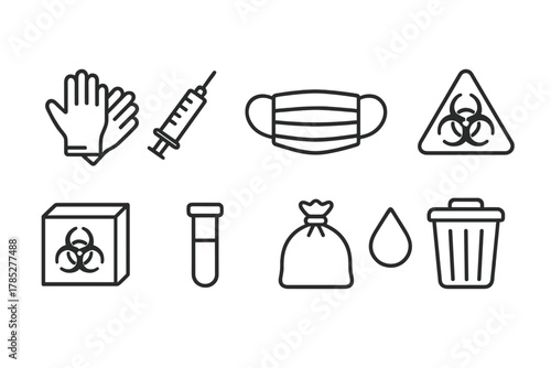 Medical waste management icon set. Safety and hygiene line style icons collection