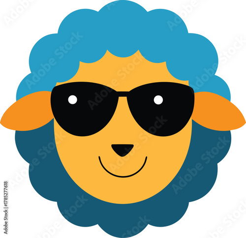 Cartoon sheep face with blue wool and orange ears, wearing black sunglasses against a white background. The sheep has a cool, playful expression.