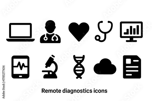 Remote diagnostics icon set. Medical, technology silhouette icons collection