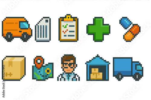 Delivery and logistics pixel icon set. Shipping, transport, warehouse pixel art collection
