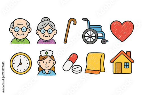 Elderly care flat icon set. Nursing, health, senior support icons collection