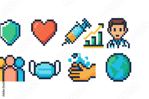 Healthcare and wellness pixel icon set. Medical, fitness, hygiene flat icons collection