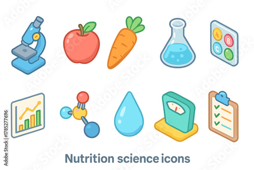 Nutrition science flat icon set. Health, food science flat icons collection.