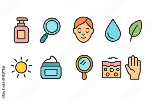 Skin care and beauty icon set with outline style. Spa, wellness, cosmetic symbols.