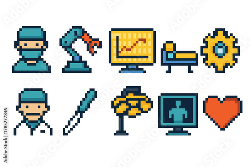 Medical and technology flat icon set. Healthcare, robotics flat icons collection.