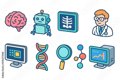 Medical and science icon set. Healthcare, research, and technology icons flat design