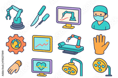 Medical equipment flat icon set. Healthcare, surgery, robotics tools flat collection.