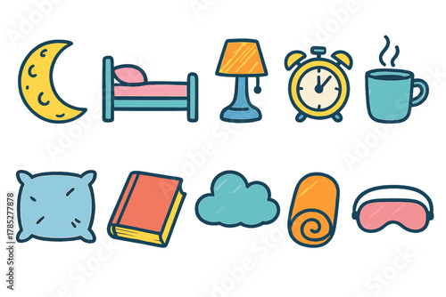 Sleep and relaxation flat icon set. Cozy sleep essentials and rest icons collection