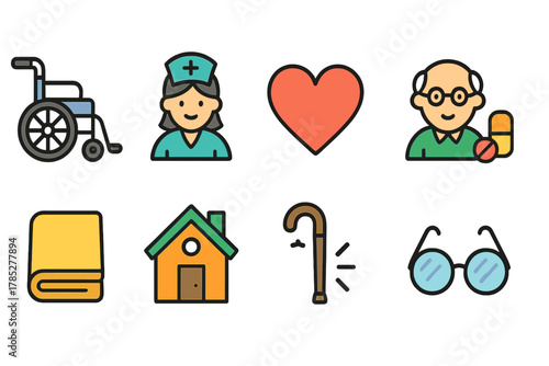 Elder care, medical line icon set. Senior services, healthcare icons linear collection
