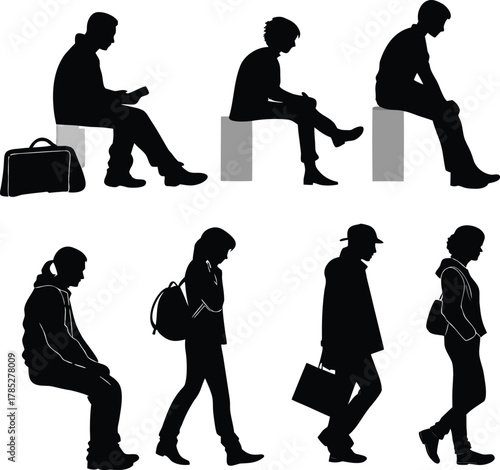 Silhouettes of six people, three sitting on benches reading or resting, and three walking with bags, conveying everyday urban life and tranquility.