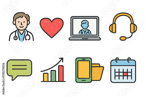Medical and healthcare flat icon set. Doctor, heart, chat, analysis, telemedicine, calendar.