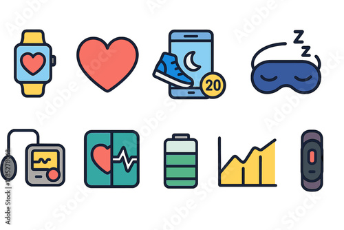 Fitness and health flat icon set. Wellness, exercise, and medical flat illustrations