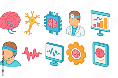Brain and neuroscience icon set. Flat style brain, neuron, and medical icons collection