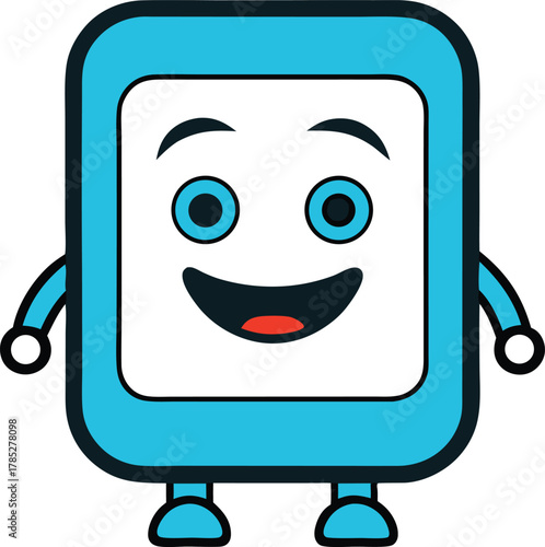 Smiling square cartoon character with a blue outline, large eyes, and small limbs on a white background. The tone is cheerful and friendly.