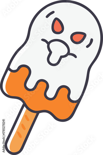 Cartoon popsicle shaped like a ghost with red eyes, white top, and orange bottom, on a stick. Its expression is somewhat angry or mischievous.